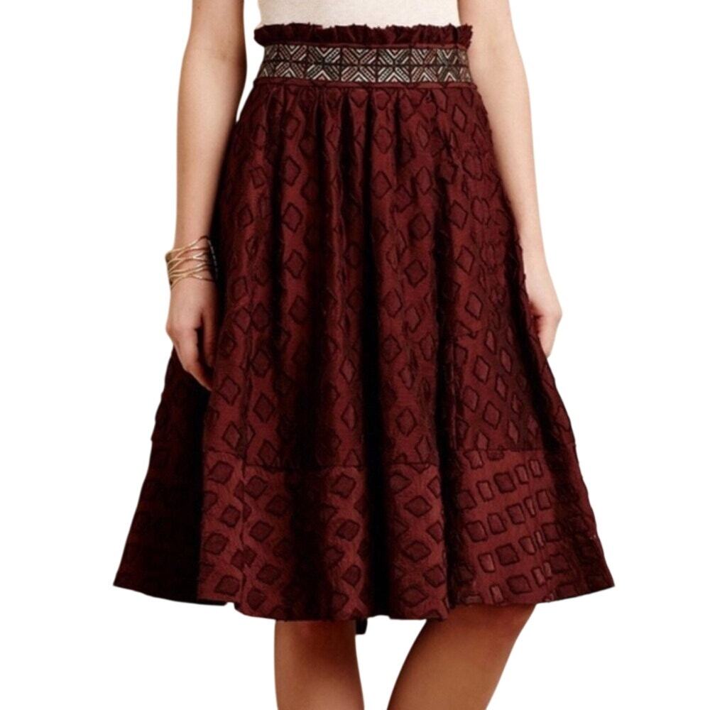 Anthropologie Maeve Diamond-Cut Midi Skirt 4 Burgundy Whimsigoth Oxblood